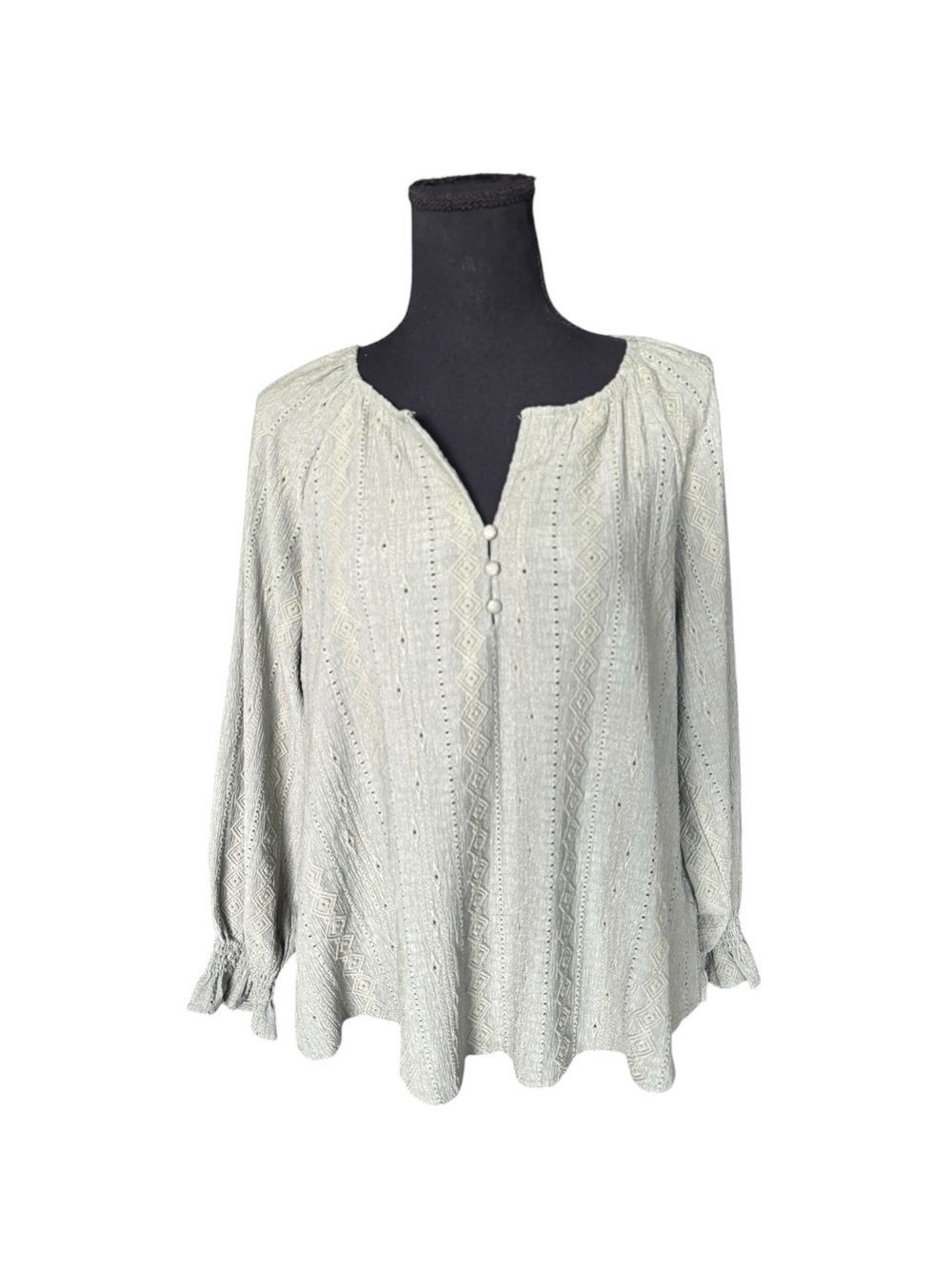 Frye Sage Green Textured Boho Peasant Blouse Smocked Cuff Size Small O78